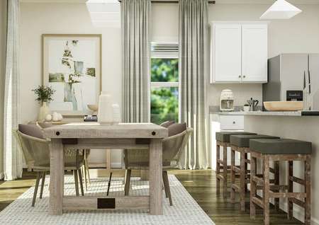 Rendering showing the dining area between
  the kitchen and sliding glass door. The room has wood-look vinyl plank
  flooring and is furnished with a ractangular table with four chairs.