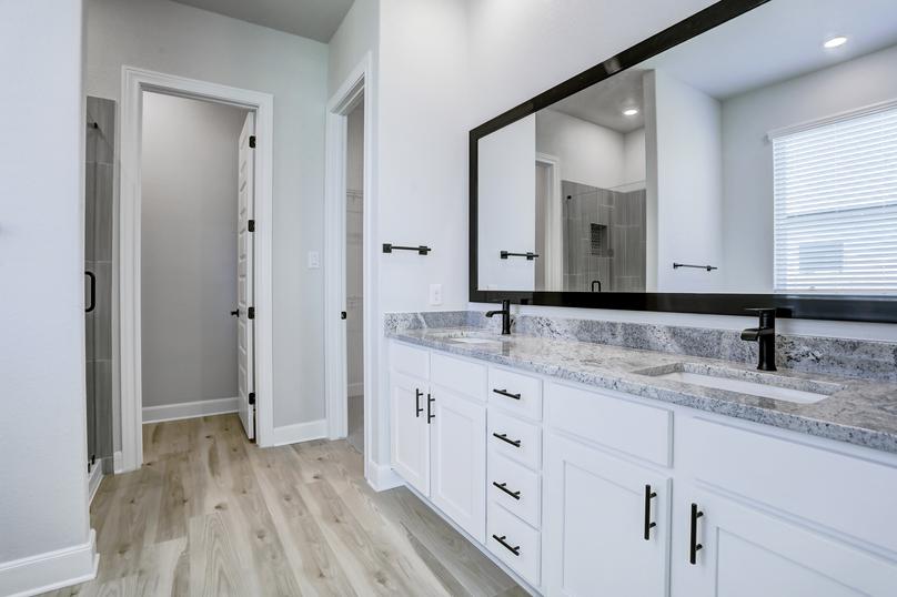 Relaxing master bathroom with a dual-sink vanity, walk-in shower, and soaking tub.