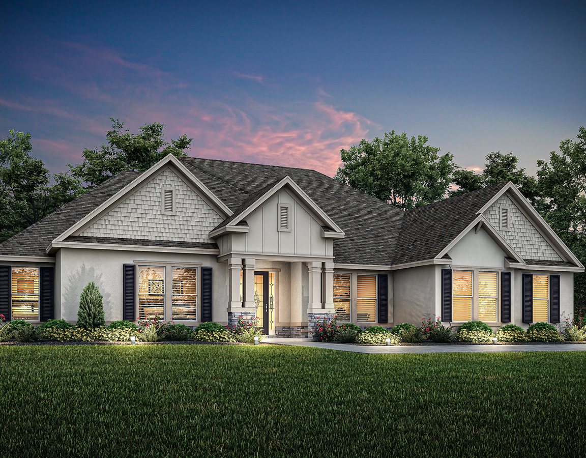 Single-story Mantle elevation rendering at dusk with stucco and stone accents.