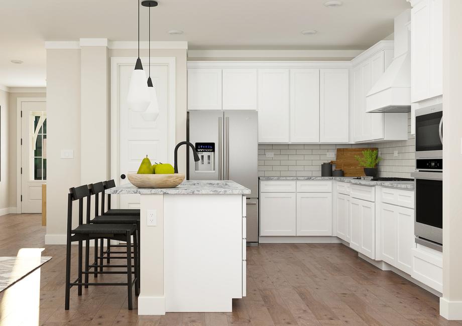 Rendering of kitchen with while cabinets
  nd stainless-steel appliances