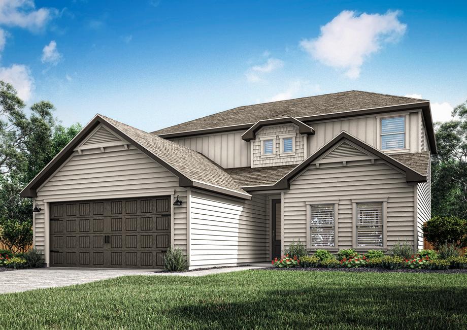 Rendering of the two-story Murray plan with a stunning neutral color scheme.