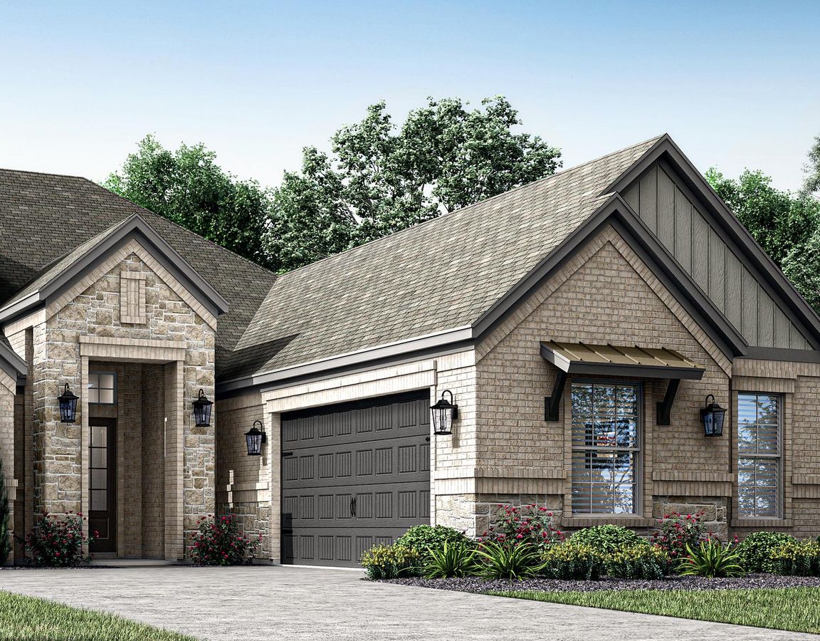 Rendering of the two-story Oakmont plan with designer coach lights.