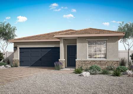 The Dayton is a beautiful one-story floor plan with a stucco exterior and stone accents.