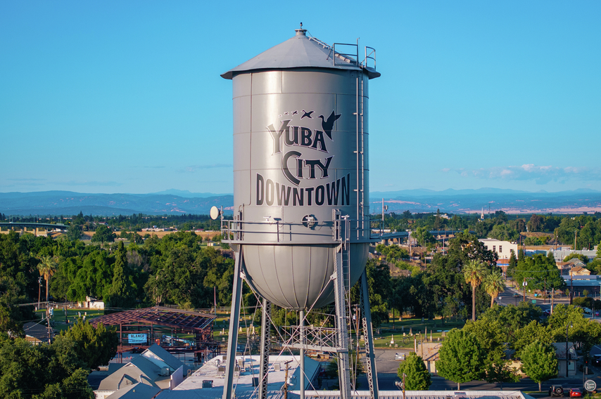 The Yuba City Water Tower is in the middle of the city.