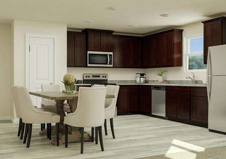 Rendering showing the six-person dining
  table next to the open kitchen, which has brown cabinets, stainless steel
  appliances and granite countertops.