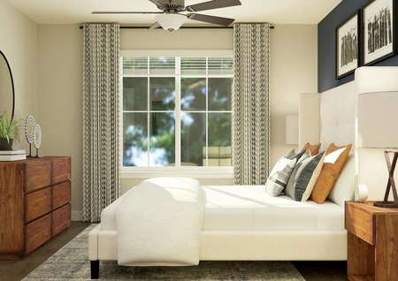 Rendering of master bedroom furnished
  with a large white bed, a wooden side table and a wooden dresser.