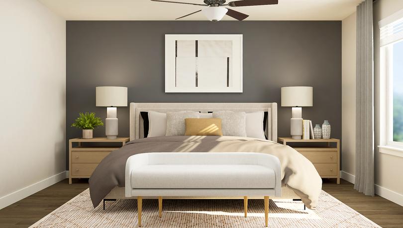 Rendering of bedroom with a large bed in
  between two side-tables. 