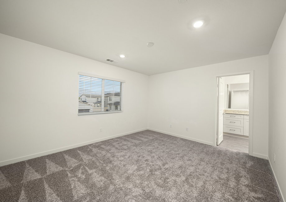 The master bedroom has carpet and a large window. 