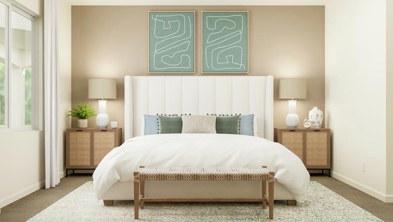 Rendering of the owner's bedroom
  featuring a large white-framed bed, two nightstands, and bench along a beige
  accent wall.