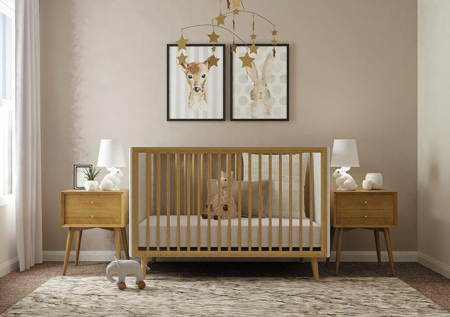 Rendering of a
  secondary bedroom with window on the left decorated as a nursery with a crib
  and two nightstands.