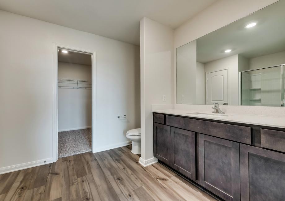 The master bath has a stunning vanity with great countertop space.