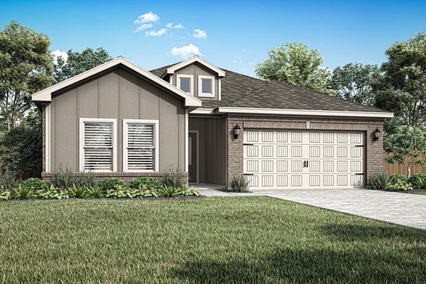 The Dutton is a beautiful, one-story siding home with brick details.