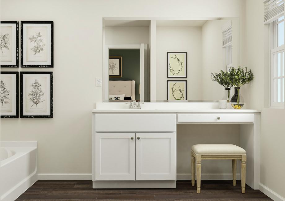 Rendering of the spacious master bath
  focused on the white-cabinet vanity. Beside the vanity is the tub with
  artwork hanging above it.Â 