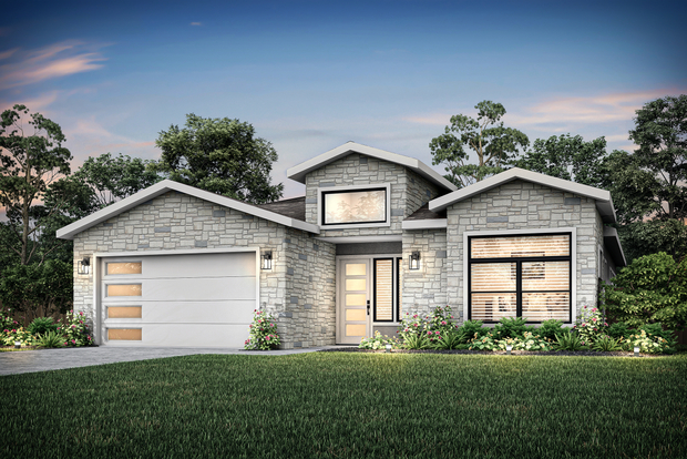 Exterior dusk elevation rendering of the Leaman.