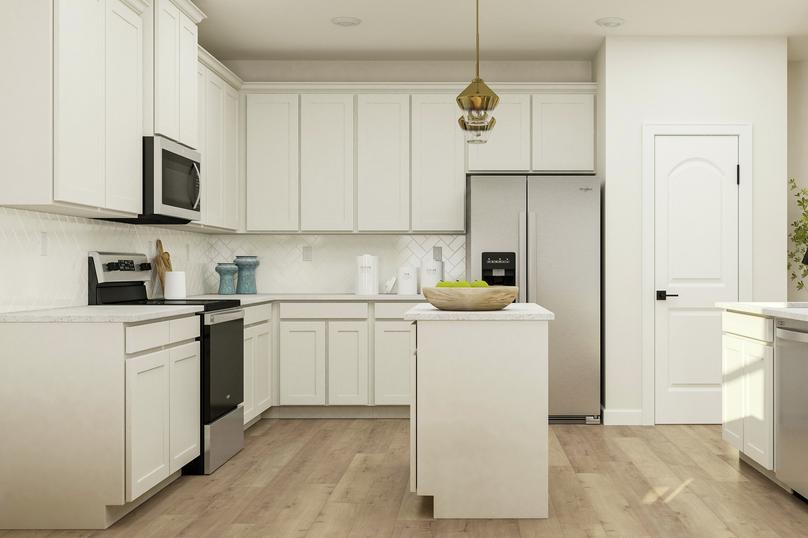 Rendering of the spacious kitchen in the
  Sequoia. This kitchen has an island in the center of it, granite countertops,
  white cabinetry, herringbone tile backsplash and Whirlpool brand appliances.