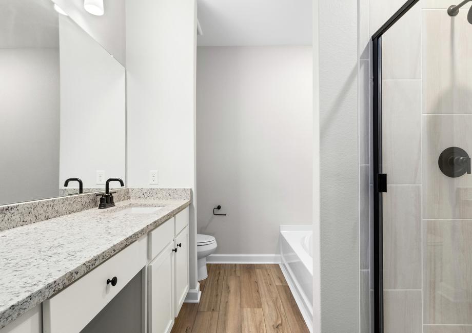 The master bathroom features a luxurious countertop.