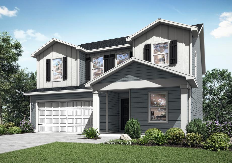 The Franklin is a two-story home with blue and white siding.