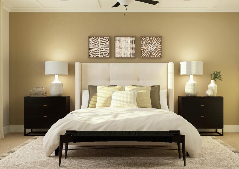 Rendering of master bedroom furnished
  with a large bed, side tables and a dresser.