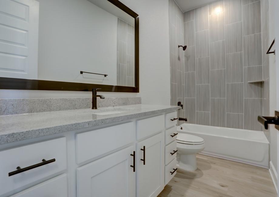 Secondary bathroom with a tile-lined dual shower and bath tub.