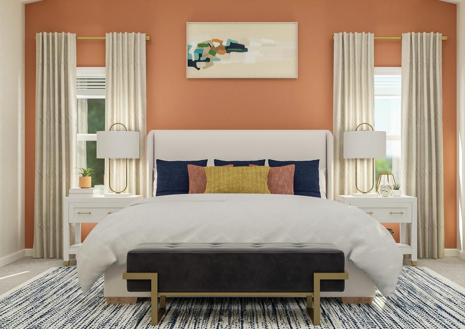 Rendering of the spacious master bedroom  with vaulted ceiling. The room is furnished with a bed between two  nightstands. A bench sits at the foot of the bed and abstract art hangs above  it.