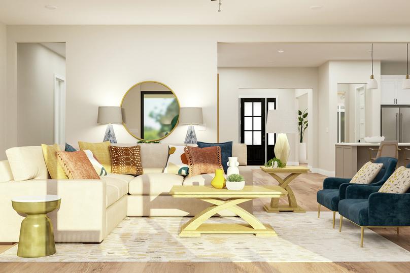 Rendering of the living room showing a
  sectional couch, coffee and side tables, 2 accent chairs and a view into the
  kitchen and entryway.