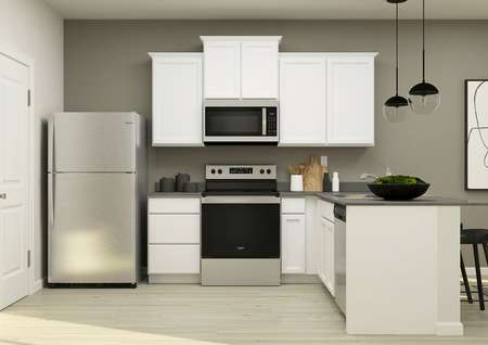 Rendering of a
  kitchen with stainless steel appliances and white cabinetry.