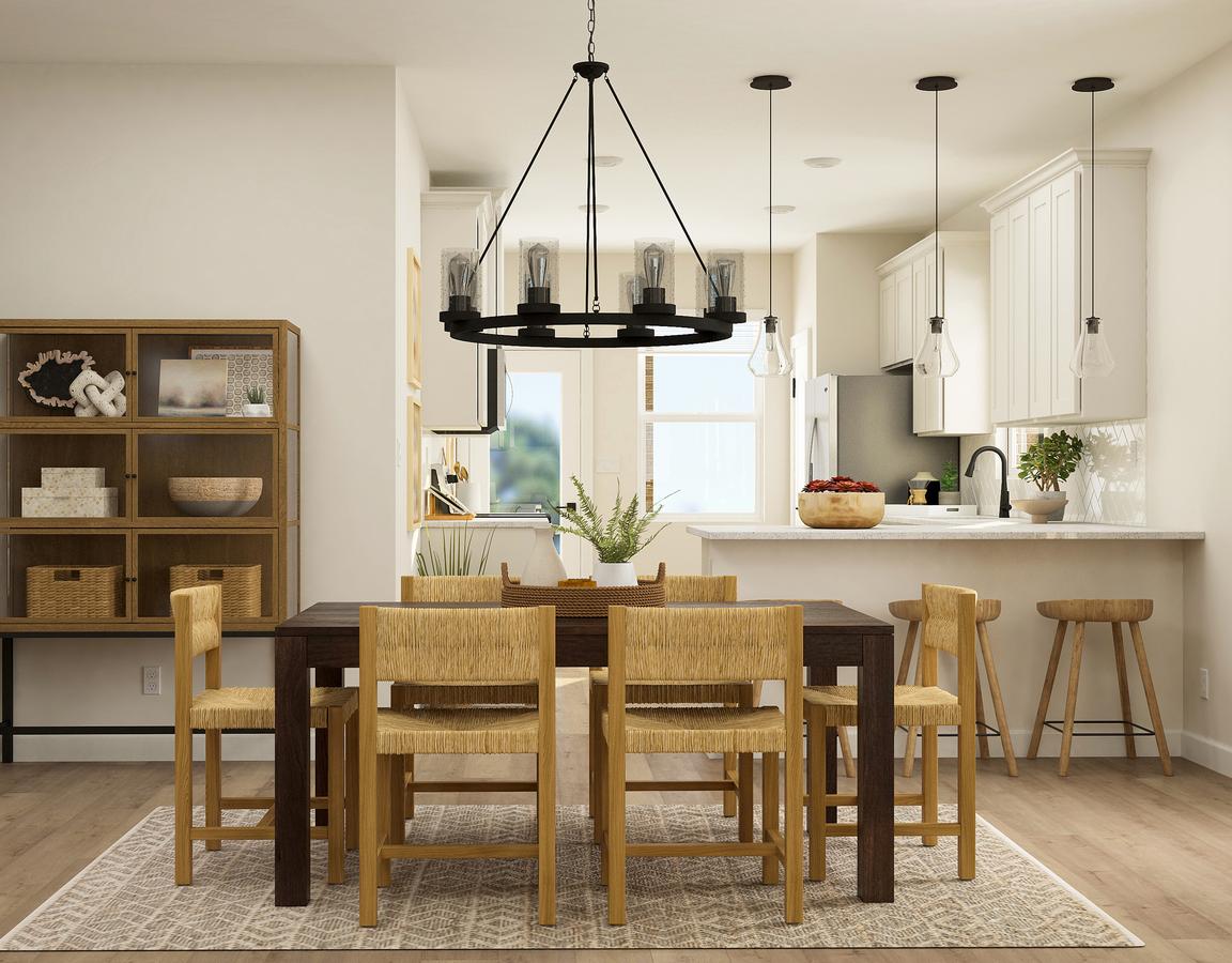 Rendering of the dining room with the
  white kitchen behind it. The dining area has a window, wood-look flooring and
  is furnished with a six-person table and decorative cabinet.