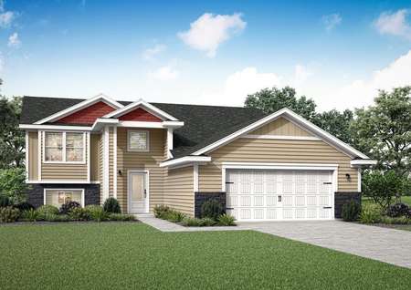 The Ramsey is a split story home with a 3/4 lite door and two car garage
