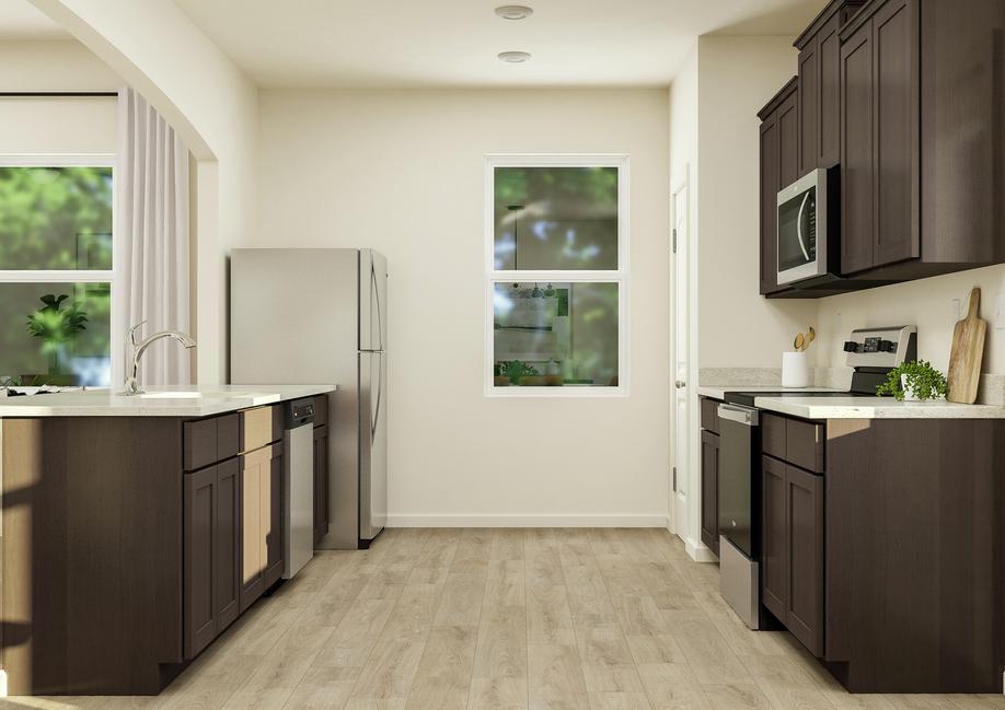 Rendering of the Reed floor plan's
  kitchen featuring wood cabinetry and stainless steel appliances.