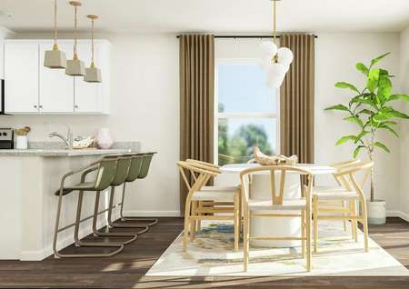 Rendering of the dining room, showing its
  position between the kitchen and sliding glass door. 