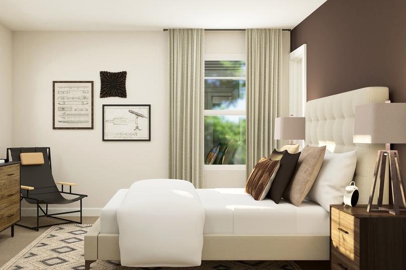 Rendering of a bedroom with several
  windows for natural light. It has been furnished with a bed, two nightstands,
  an accent chair and dresser.
