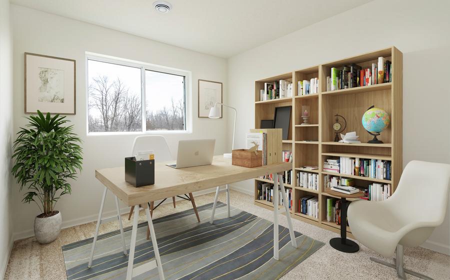 Photo of a home office with a modern style desk and chair plus a teak bookshelf with books and decor.