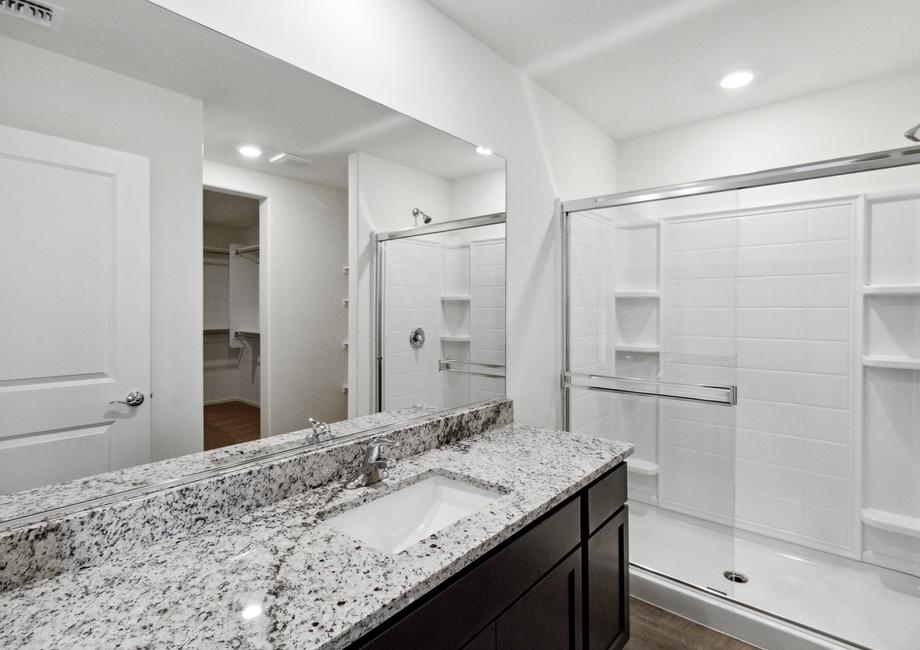 Master bathroom with a walk-in shower and granite countertops.