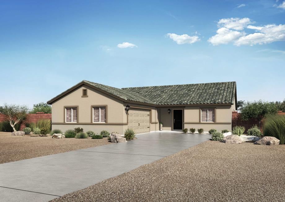 The Guadalupe floor plan renderings with an attached decorative two-car garage and an extended driveway.