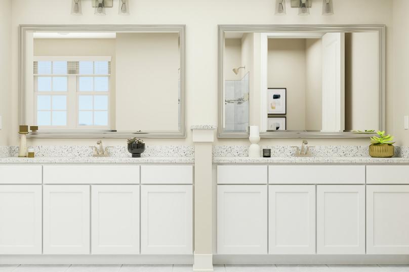 Rendering of spacious master bath showing
  a double sink vanity with white cabinetry and light fixtures and tile
  flooring throughout.