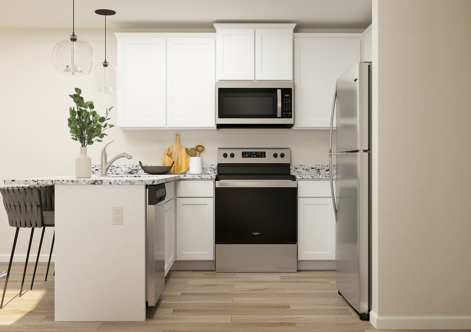 Rendering of a
  kitchen with white cabinetry and stainless steel appliances. There are three
  barstools next to the counter.Â 