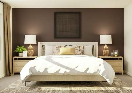 Rendering of the owner's suite featuring
  plush furniture and stylish décor. 