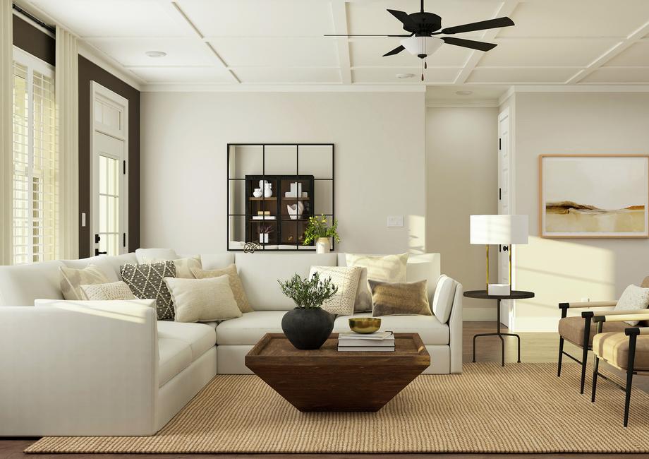 Rendering of living room with a large
  white sectional and two side chairs