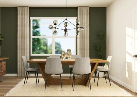 Rendering of dinning room highlighting a large window. The room is furnished with six-person table.