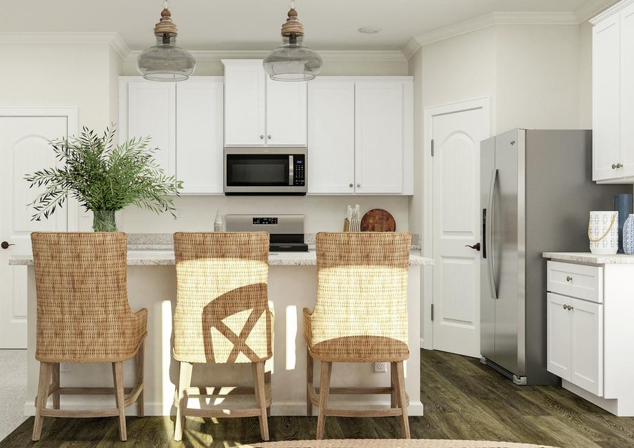 Rendering of the kitchen showing the
  spacious island with three wicker chairs. The space has white cabinets,
  stainless steel appliances and granite countertops.