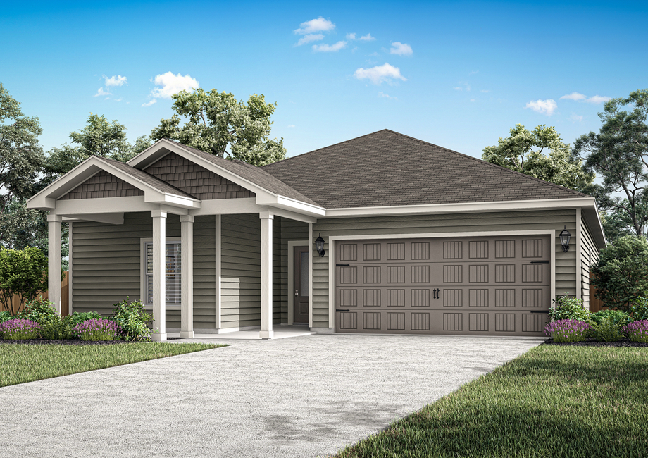 The Sage is a beautiful one-story floor plan with a siding exterior and an extended covered front porch.