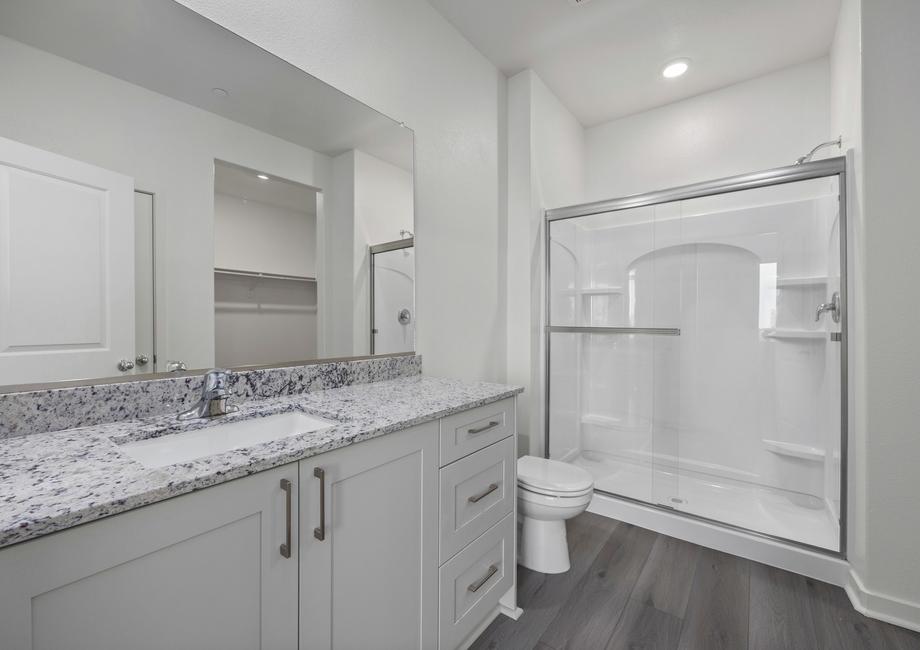 The master bathroom has a large vanity and step in shower.