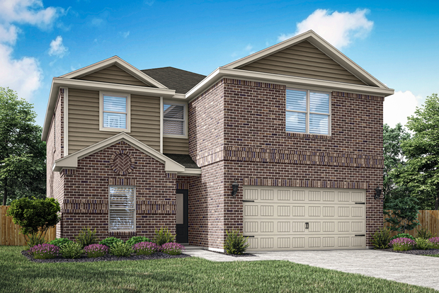 Rendering of the exterior of the two-story Driftwood plan with brick.