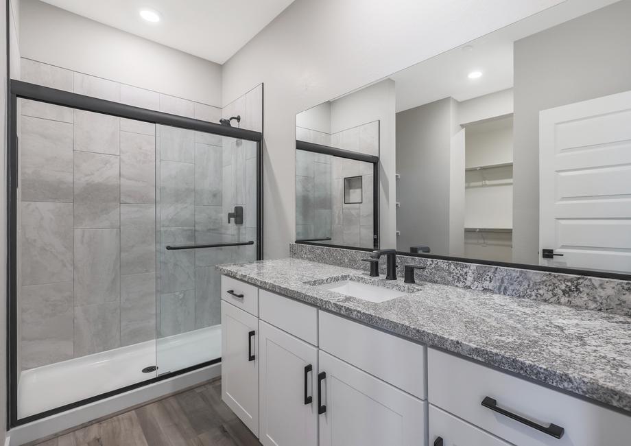 Master bathroom with a large walk-in shower and expansive vanity.