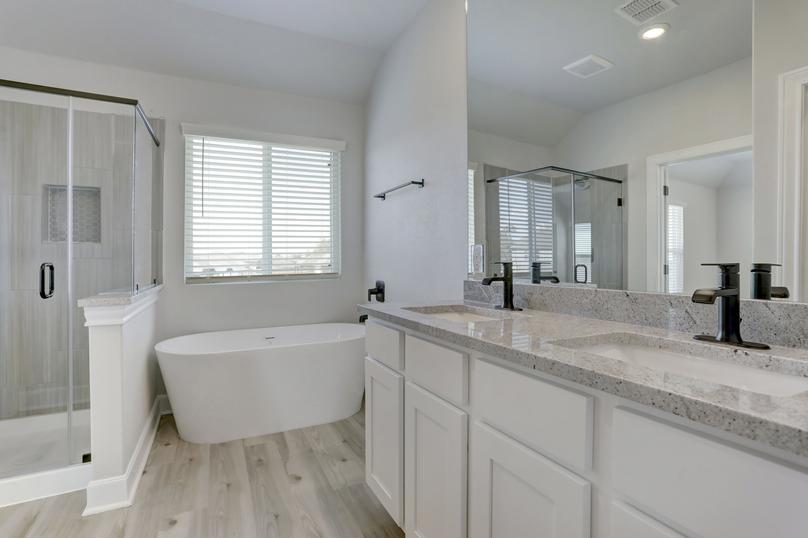 Master bath with a soaking tub, walk-in shower and two sinks. 