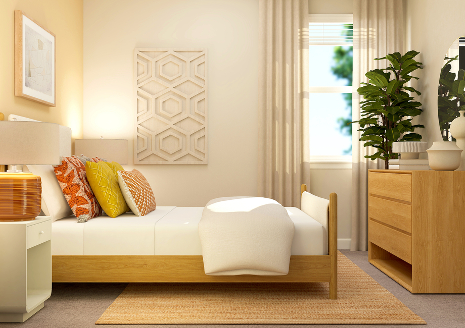 Rendering of a bedroom furnished with a
  large bed, white side table, and a dresser