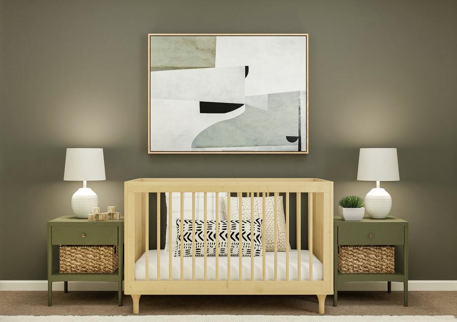 Rendering of a nursery with a light-wood
  crib, olive nightstands and a large abstract painting.Â 
