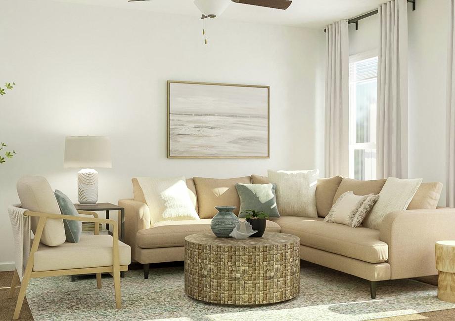 Rendering of the living room which has
  carpeted flooring and two windows. The space is furnished with a tan
  sectional couch, light-colored accent chair, round coffee table and two side
  tables.