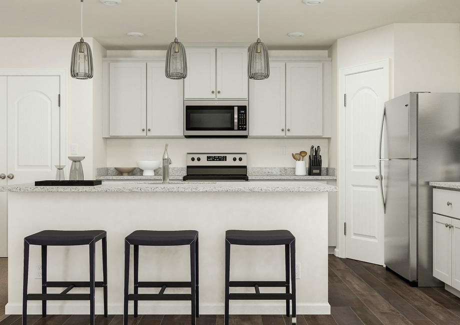 Rendering of the breakfast bar at the
  kitchen island with three barstools. The kitchen has white cabinetry and
  granite countertops.