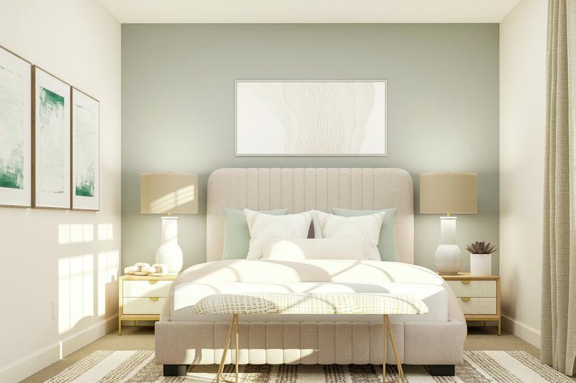 Rendering of a spacious bedroom with
  large window for natural light. The room is furnished with a bed, two
  nightstands, bench and striped rug.